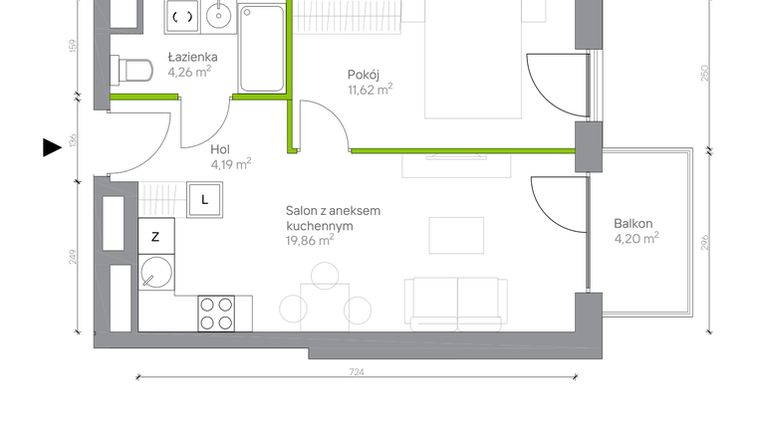 Rzut - Mieszkanie na sprzedaż 2 pokoje o powierzchni 39,93 m² - numer A.3.1 w Jesionowa Vita