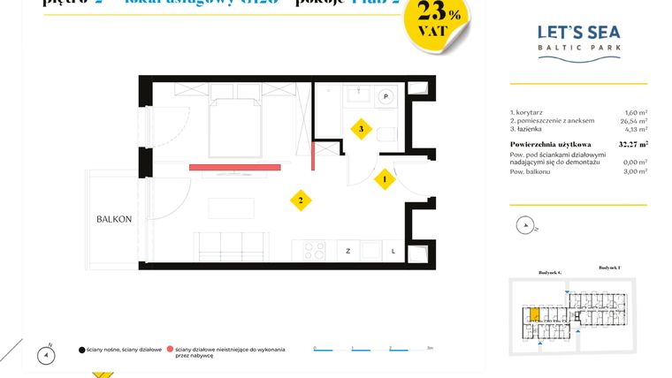 Rzut - Mieszkanie na sprzedaż 1 pokój o powierzchni 32,27 m² - numer G120 w Let's Sea Baltic Park II