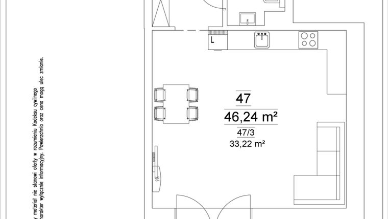 Rzut - Mieszkanie na sprzedaż 1 pokój o powierzchni 46,24 m² - numer 47 w Osiedle Teatralne 19 - apartamenty inwestycyjne