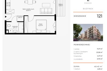 Rzut - Mieszkanie na sprzedaż 2 pokoje o powierzchni 40,45 m² - numer 121 w Mikusińskiego 25