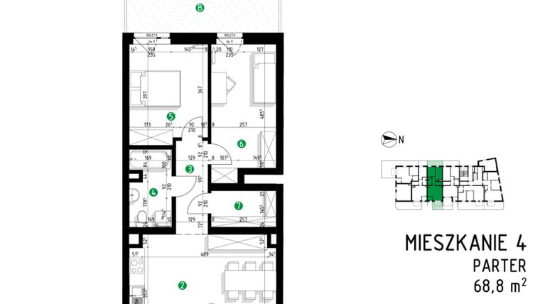 Rzut - Mieszkanie na sprzedaż 3 pokoje o powierzchni 68,8 m² - numer 6B.4 w Parkowa 6B - ETAP II