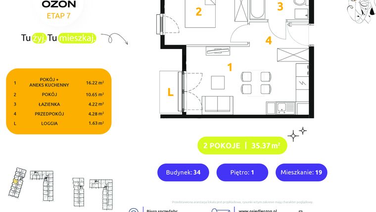 Rzut - Mieszkanie na sprzedaż 2 pokoje o powierzchni 35,37 m² - numer 34.19 w Osiedle Ozon etap VII