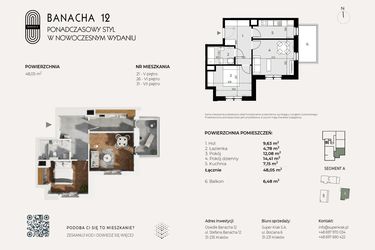 Rzut - Mieszkanie na sprzedaż 2 pokoje o powierzchni 48,05 m² - numer 21 w Banacha 12