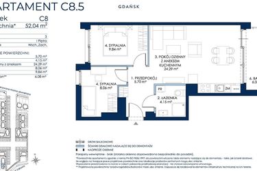 Rzut - Mieszkanie na sprzedaż 3 pokoje o powierzchni 51,19 m² - numer C8.5 w Sol Marina etap III