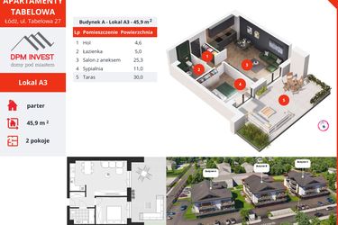 Rzut - Mieszkanie na sprzedaż 2 pokoje o powierzchni 45,9 m² - numer A3 w Apartamenty Tabelowa