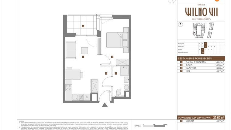 Rzut - Mieszkanie na sprzedaż 2 pokoje o powierzchni 35,62 m² - numer C.65 w Osiedle Wilno VII etap 3