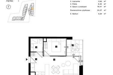 Rzut - Mieszkanie na sprzedaż 2 pokoje o powierzchni 33,27 m² - numer C.1.9 w Cisha Apartamenty Dziwnów