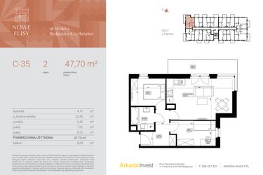 Rzut - Mieszkanie na sprzedaż 3 pokoje o powierzchni 47,7 m² - numer M35_NF.c w Nowe Flisy II