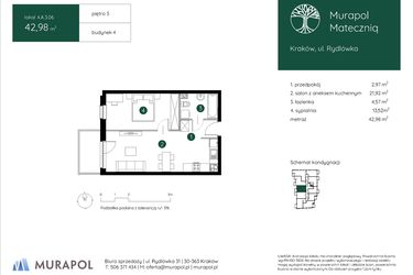 Rzut - Mieszkanie na sprzedaż 2 pokoje o powierzchni 42,98 m² - numer 4.A.3.06 w Murapol Mateczniq