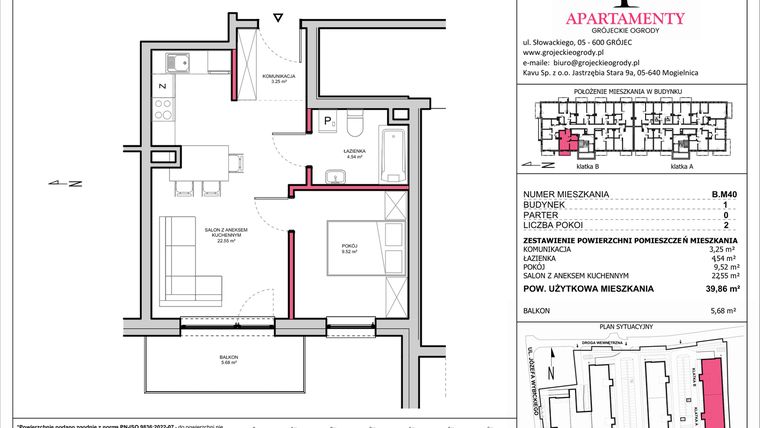 Rzut - Mieszkanie na sprzedaż 2 pokoje o powierzchni 39,86 m² - numer B.40 w Apartamenty Grójeckie Ogrody