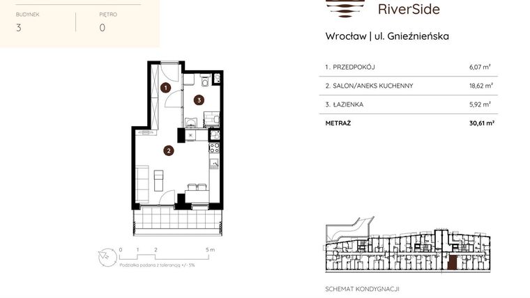 Rzut - Mieszkanie na sprzedaż 1 pokój o powierzchni 30,61 m² - numer 3.A.0.08 w Murapol RiverSide