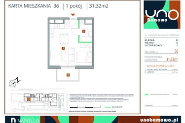 Rzut - Mieszkanie na sprzedaż 1 pokój o powierzchni 31,32 m² - numer 36 w UNO Bemowo