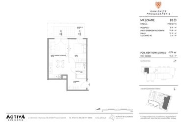 Rzut - Mieszkanie na sprzedaż 2 pokoje o powierzchni 41,16 m² - numer B2.03 w Kamienice Pruszczańskie