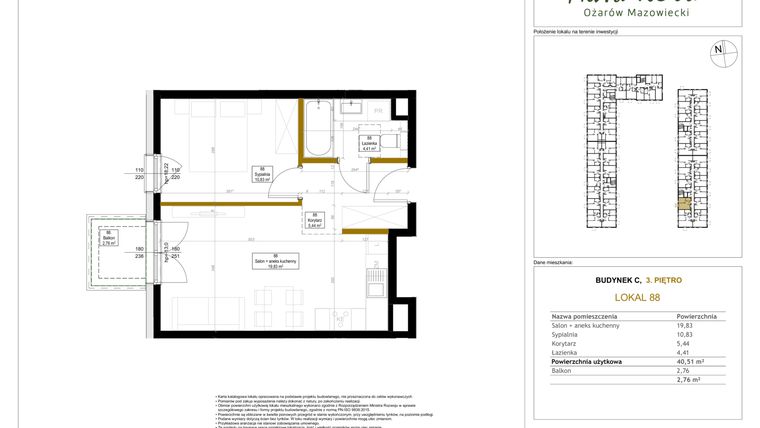 Rzut - Mieszkanie na sprzedaż 2 pokoje o powierzchni 40,51 m² - numer 88 w Aura Nova etap II