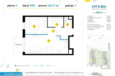 Rzut - Mieszkanie na sprzedaż 2 pokoje o powierzchni 39,94 m² - numer D15 w Let's Sea Baltic Park II