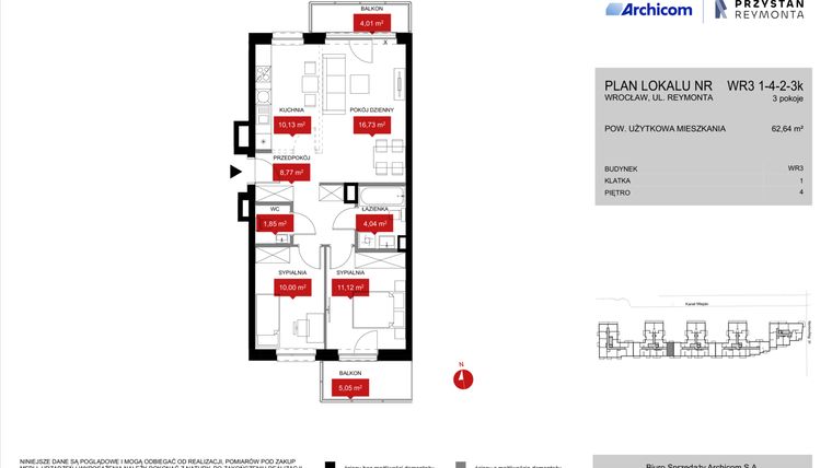 Rzut - Mieszkanie na sprzedaż 3 pokoje o powierzchni 62,64 m² - numer WR3 1/4/2/3k w Przystań Reymonta etap II