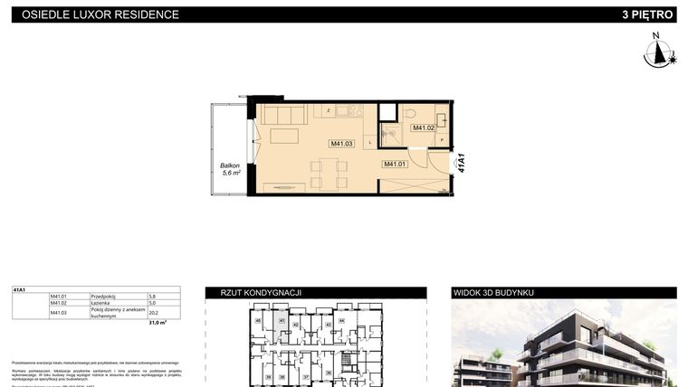 Rzut - Mieszkanie na sprzedaż 1 pokój o powierzchni 31 m² - numer A1.41 w Luxor Residence