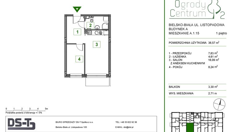 Rzut - Mieszkanie na sprzedaż 2 pokoje o powierzchni 36,57 m² - numer A.1.15 w Ogrody Centrum 2