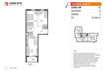 Rzut - Mieszkanie na sprzedaż 3 pokoje o powierzchni 55,68 m² - numer B.32 w Wzgórze Hoplity etap II