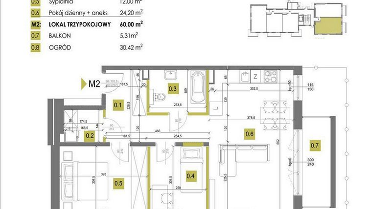 Rzut - Mieszkanie na sprzedaż 3 pokoje o powierzchni 60 m² - numer M2 w Mazowiecka 69