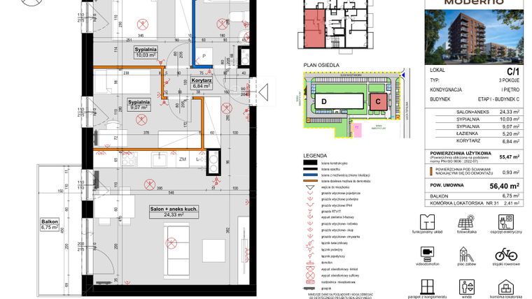 Rzut - Mieszkanie na sprzedaż 3 pokoje o powierzchni 56,4 m² - numer C.1 w Osiedle Moderno