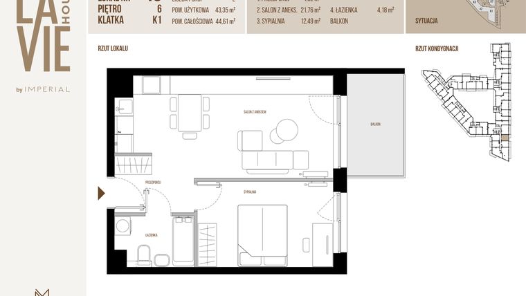 Rzut - Mieszkanie na sprzedaż 2 pokoje o powierzchni 43,35 m² - numer 48 w La Vie House