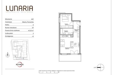 Rzut - Mieszkanie na sprzedaż 2 pokoje o powierzchni 47,25 m² - numer A07 w Lunaria