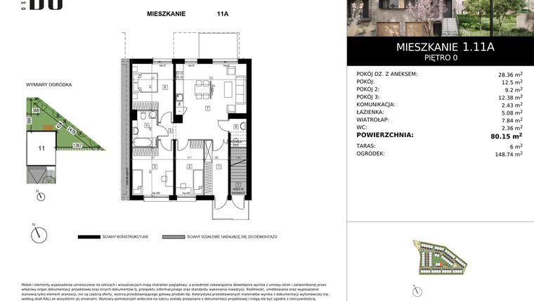 Rzut - Mieszkanie na sprzedaż 4 pokoje o powierzchni 80,15 m² - numer 1.11A w Osiedle Bo