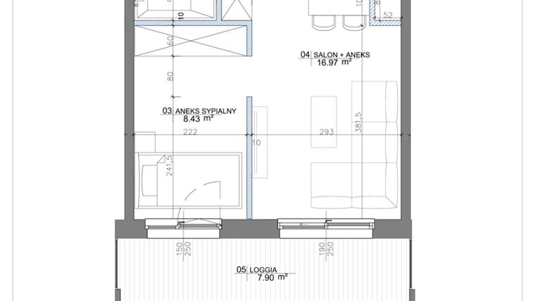 Rzut - Mieszkanie na sprzedaż 2 pokoje o powierzchni 33,46 m² - numer 1.07 w Apartamenty Potulickiego