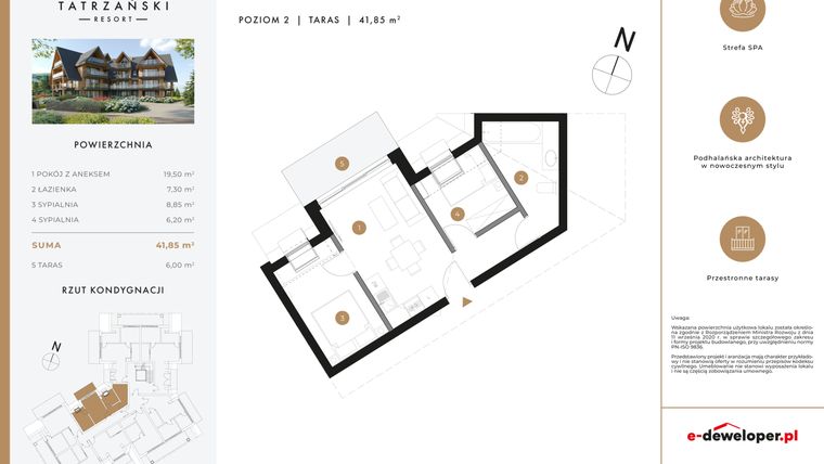 Rzut - Mieszkanie na sprzedaż 3 pokoje o powierzchni 41,65 m² - numer A24 w Tatrzański Resort