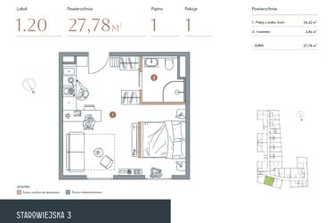 Rzut - Mieszkanie na sprzedaż 1 pokój o powierzchni 27,78 m² - numer 1.20 w Starowiejska 3