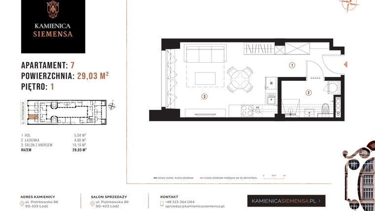Rzut - Mieszkanie na sprzedaż 1 pokój o powierzchni 29,03 m² - numer 7 w Kamienica Siemensa