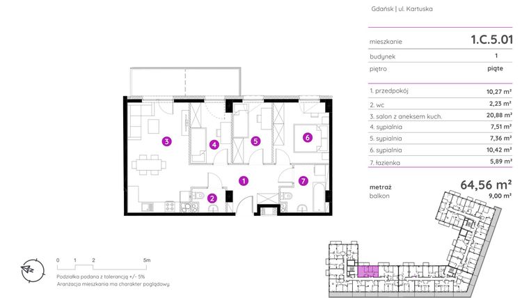 Rzut - Mieszkanie na sprzedaż 4 pokoje o powierzchni 64,56 m² - numer 1.C.5.01 w Murapol Scarpa