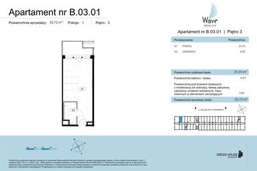 Rzut - Mieszkanie na sprzedaż 1 pokój o powierzchni 32,72 m² - numer B.03.01 w Wave Świnoujście Thermal & Spa