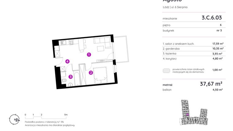 Rzut - Mieszkanie na sprzedaż 1 pokój o powierzchni 37,56 m² - numer 3.C.6.03 w Murapol Agosto