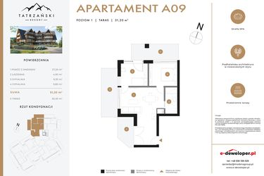Rzut - Mieszkanie na sprzedaż 3 pokoje o powierzchni 51,2 m² - numer A09 w Tatrzański Resort