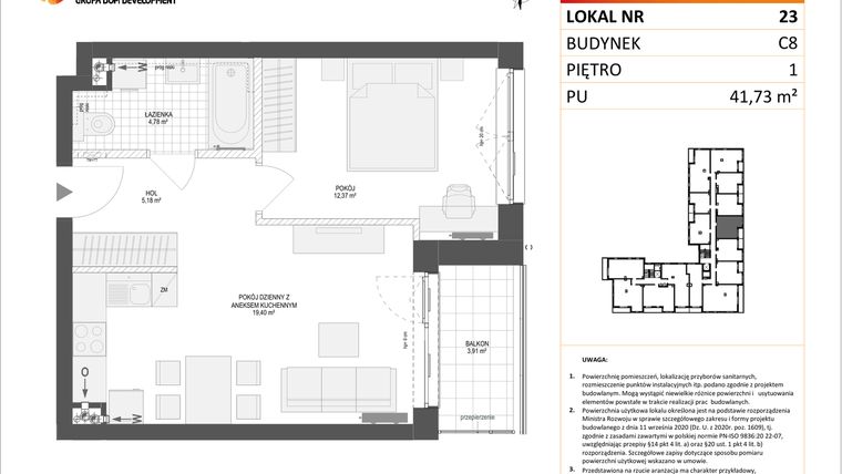 Rzut - Mieszkanie na sprzedaż 2 pokoje o powierzchni 41,73 m² - numer C8.23 w Konstelacja etap IV