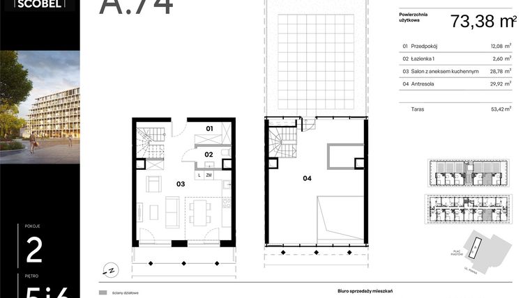 Rzut - Mieszkanie na sprzedaż 2 pokoje o powierzchni 73,38 m² - numer A.74 w Browar HUGO SCOBEL
