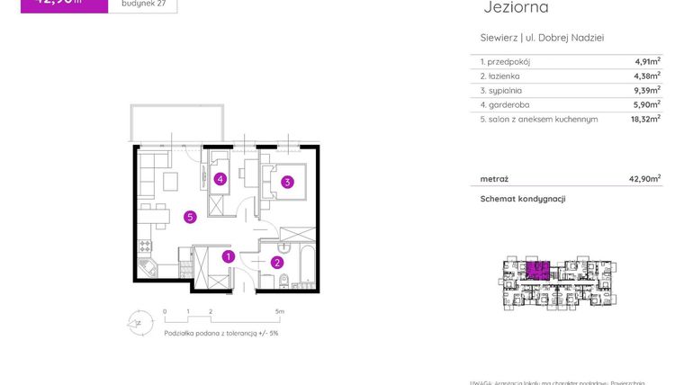 Rzut - Mieszkanie na sprzedaż 2 pokoje o powierzchni 42,9 m² - numer 27.A.3.8 w Murapol Siewierz Jeziorna bud. 27 i 28