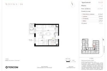 Rzut - Mieszkanie na sprzedaż 1 pokój o powierzchni 34,59 m² - numer B/2/01 w Wielka 16