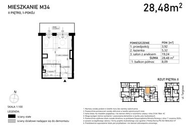 Rzut - Mieszkanie na sprzedaż 1 pokój o powierzchni 28,48 m² - numer M34 w Finezja
