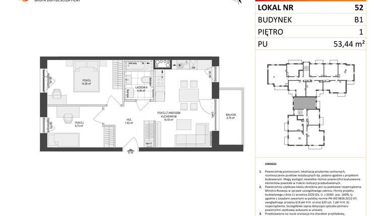 Rzut - Mieszkanie na sprzedaż 3 pokoje o powierzchni 53,44 m² - numer 52 w Locus 2