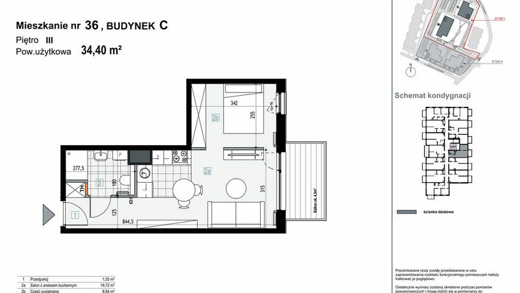 Rzut - Mieszkanie na sprzedaż 1 pokój o powierzchni 34,4 m² - numer C.M36 w Apartamenty Kopernika