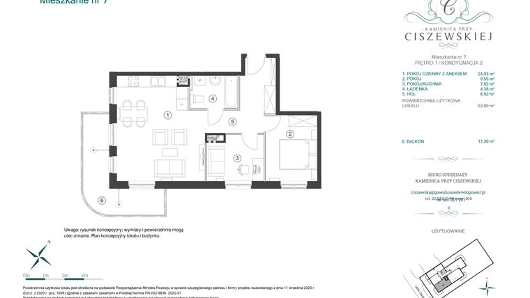 Rzut - Mieszkanie na sprzedaż 2 pokoje o powierzchni 53,9 m² - numer 7 w Kamienica przy Ciszewskiej