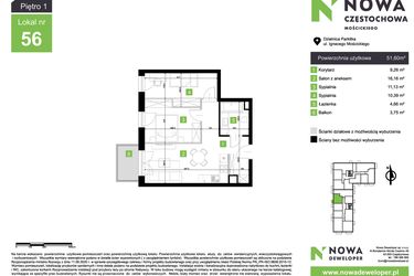 Rzut - Mieszkanie na sprzedaż 3 pokoje o powierzchni 51,6 m² - numer M56 w Nowa Częstochowa Mościckiego