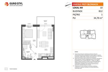 Rzut - Mieszkanie na sprzedaż 2 pokoje o powierzchni 34,7 m² - numer B12.10 w Osiedle Przy Błoniach 3 etap IV