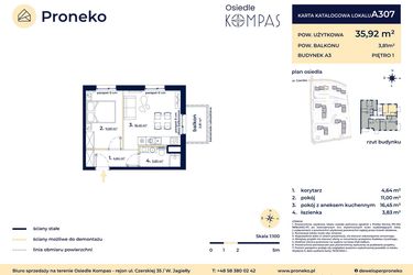 Rzut - Mieszkanie na sprzedaż 2 pokoje o powierzchni 35,92 m² - numer A307 w Osiedle Kompas