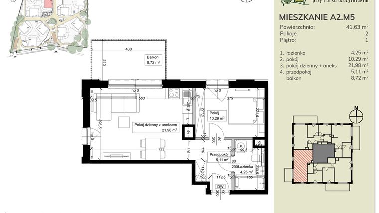 Rzut - Mieszkanie na sprzedaż 2 pokoje o powierzchni 41,71 m² - numer A2.M5 w Apartamenty przy Parku Szczytnickim