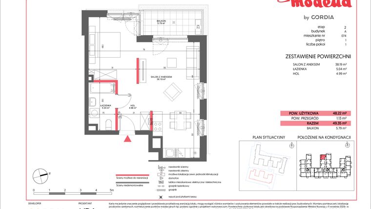 Rzut - Mieszkanie na sprzedaż 1 pokój o powierzchni 48,22 m² - numer A.074 w Modena II