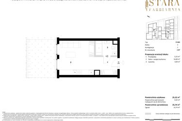 Rzut - Mieszkanie na sprzedaż 1 pokój o powierzchni 25,74 m² - numer 1.07 w Stara Farbiarnia